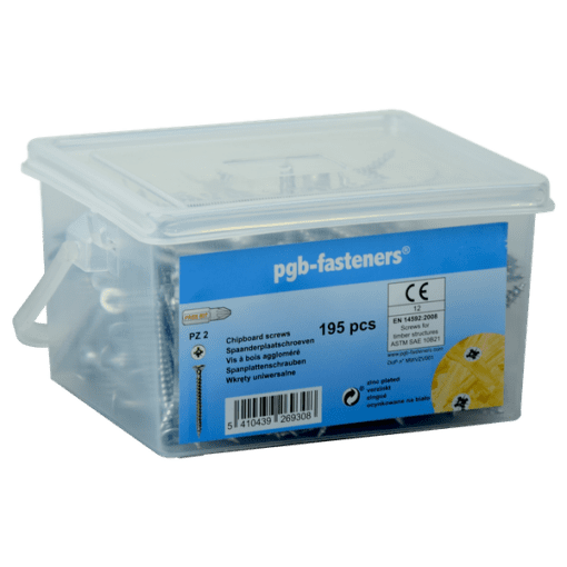 emmer met spaanplaatschroeven en blauw label