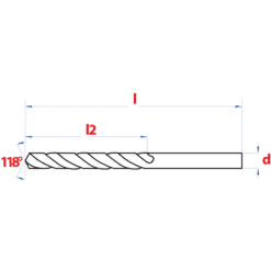Technische tekening van een metaalboor met afmetingen