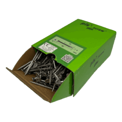 Groene open doos met rvs spaanplaatschroeven