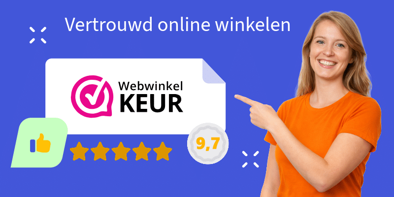 keurmerk en vrouw in oranje shirt
