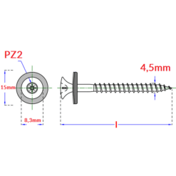 Technische lijntekening spenglerschroef pozidriv PZ2